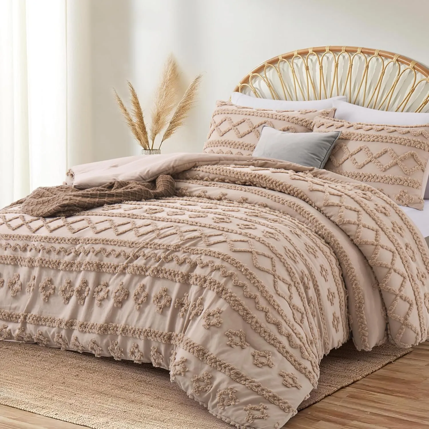 Oli Anderson Khaki King Comforter Set Tufted Bedding Set King 3 Pieces, Boho Shabby Chic Comforter with 2 Pillowcases (Khaki,King)