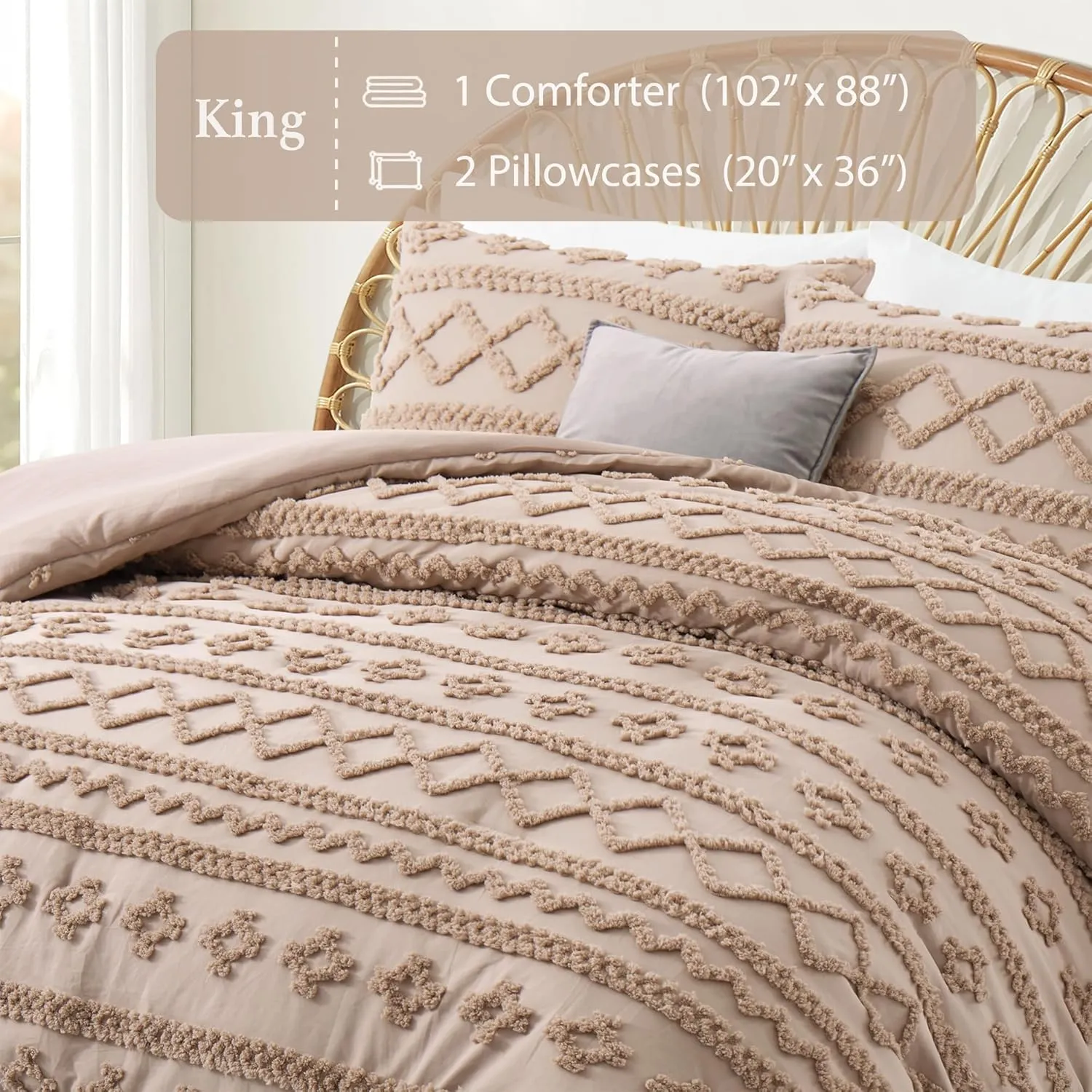 Oli Anderson Khaki King Comforter Set Tufted Bedding Set King 3 Pieces, Boho Shabby Chic Comforter with 2 Pillowcases (Khaki,King)