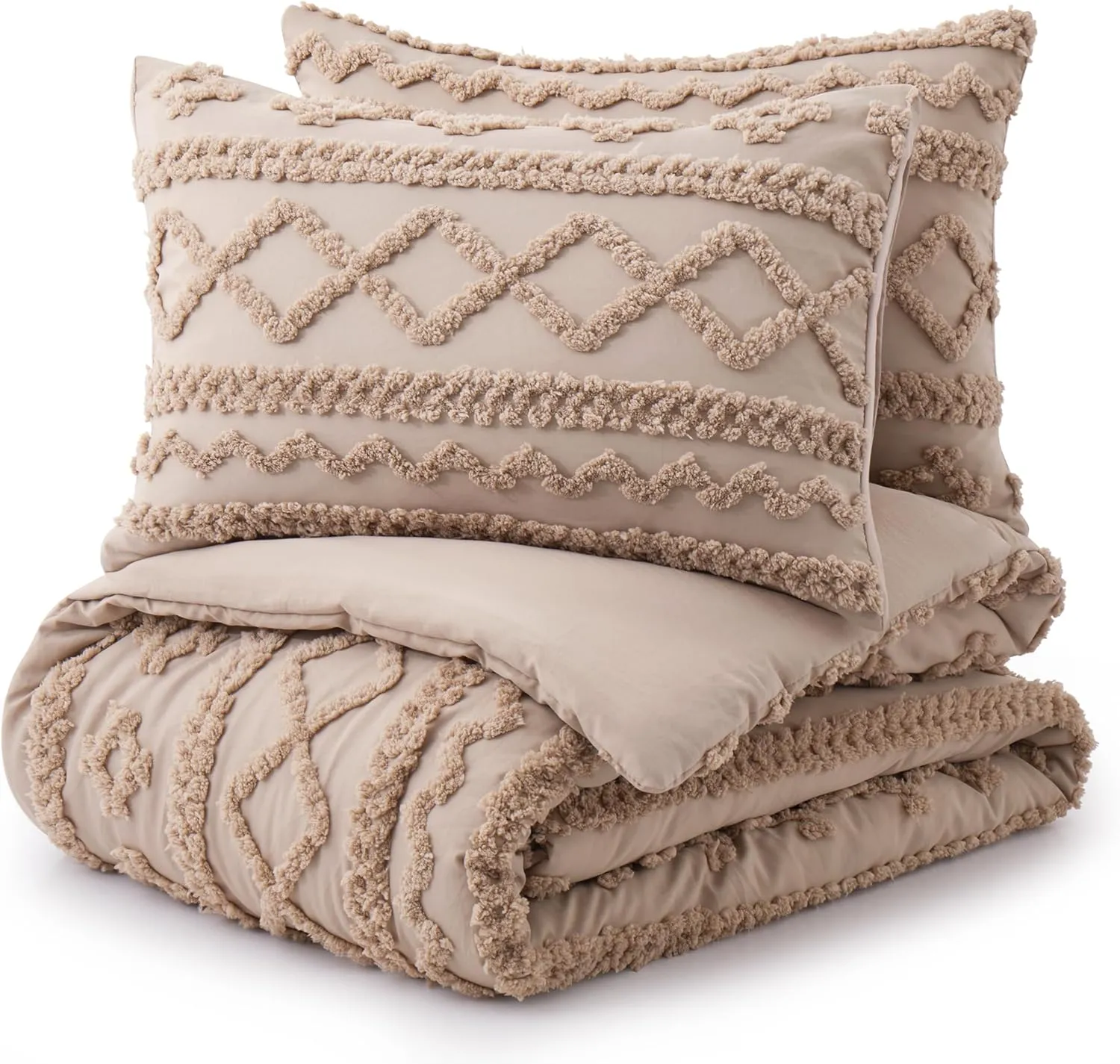 Oli Anderson Khaki King Comforter Set Tufted Bedding Set King 3 Pieces, Boho Shabby Chic Comforter with 2 Pillowcases (Khaki,King)