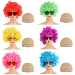 OMISTAR 6 Pcs Neon Clown Wigs, Fluffy Colorful Hair With Caps & Heart Sunglasses, Short Curly Afro Puff for Costume Party, Daily Party Hairpiece for Women