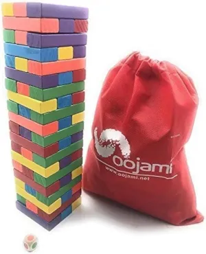 Oojami Wooden Tumbling Timber Toppling Stacking Board Games Building Blocks for Kids - 60 Pieces with Storage Bag Color Match Play Sets for Kids and Families