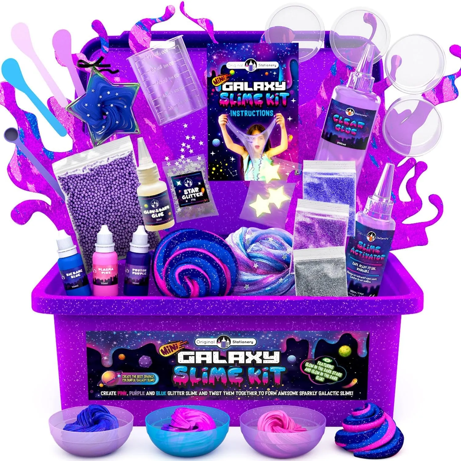 Original Stationery 22-Piece Mini Galaxy Slime Kit for Girls with Glitter and Glow in The Dark Powder – Create Pink, Purple & Blue Galactic Slime, Fun Birthday Gift