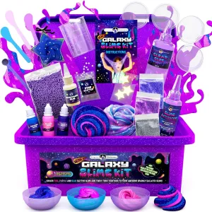 Original Stationery 22-Piece Mini Galaxy Slime Kit for Girls with Glitter and Glow in The Dark Powder – Create Pink, Purple & Blue Galactic Slime, Fun Birthday Gift