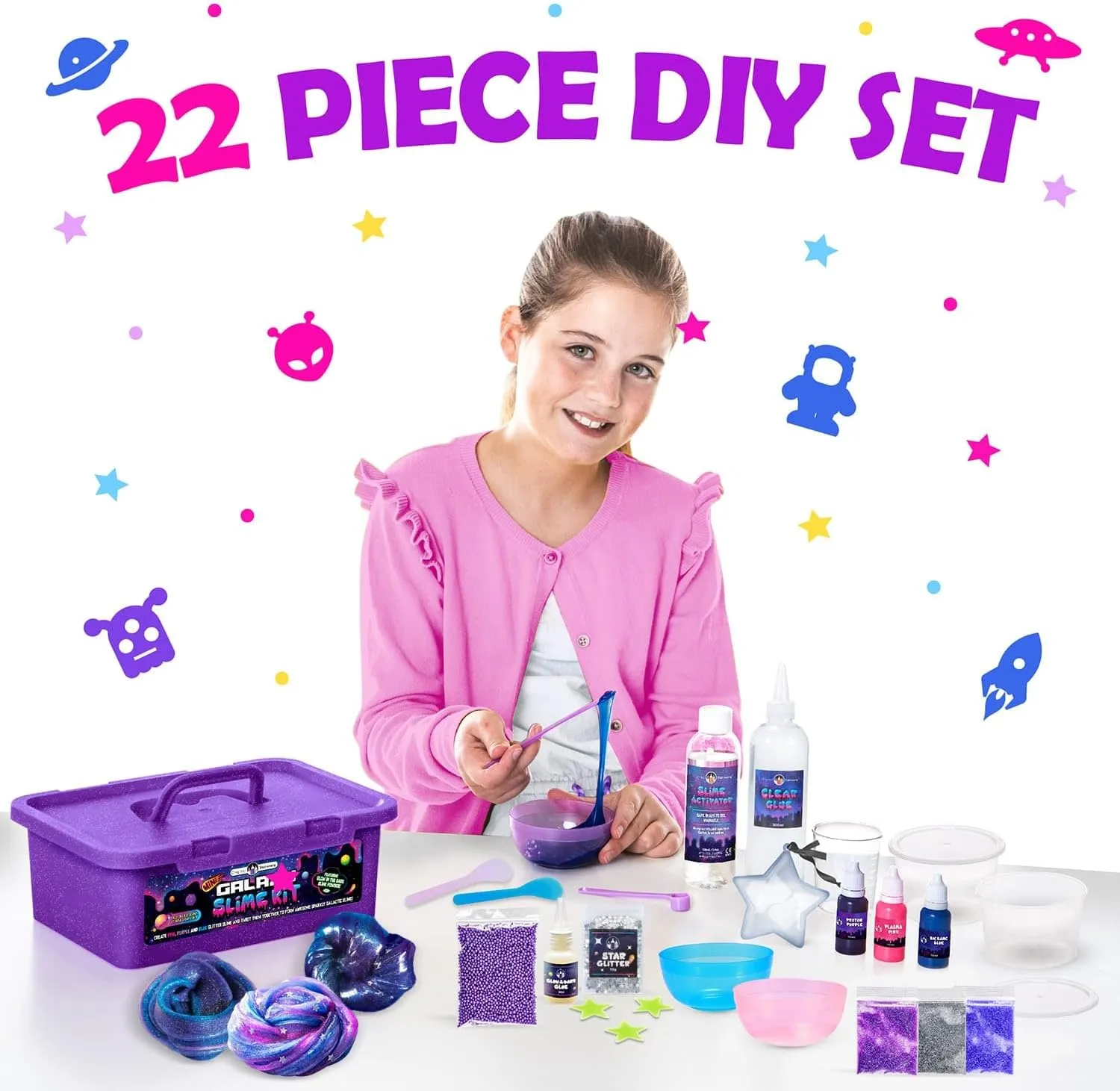 Original Stationery 22-Piece Mini Galaxy Slime Kit for Girls with Glitter and Glow in The Dark Powder – Create Pink, Purple & Blue Galactic Slime, Fun Birthday Gift
