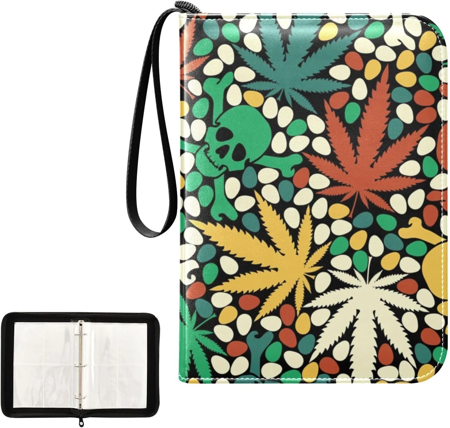 OTVEE Card Binder Colorful Skulls Marijuana Leaves Trading Card Album with 50 Removable Sleeves Fits 400 Cards