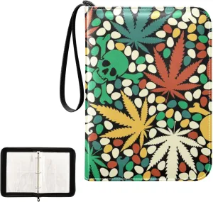 OTVEE Card Binder Colorful Skulls Marijuana Leaves Trading Card Album with 50 Removable Sleeves Fits 400 Cards