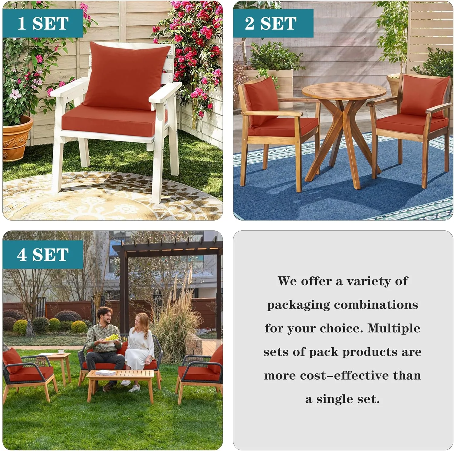 Outdoor Chair Cushions, Waterproof Fade Resistant Deep Seat and Backrest Cushion Set for Patio Furniture, Rust, 22x22 Inch, Set of 4