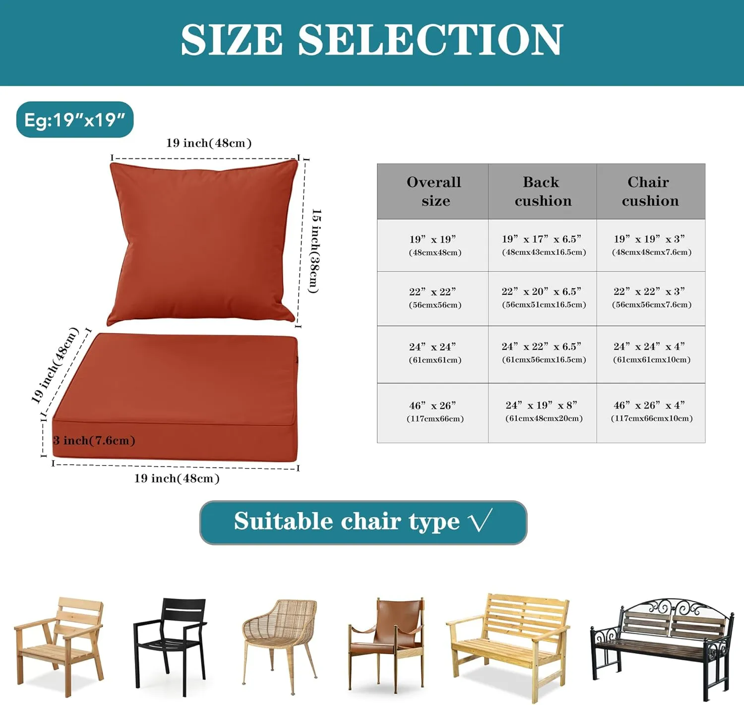 Outdoor Chair Cushions, Waterproof Fade Resistant Deep Seat and Backrest Cushion Set for Patio Furniture, Rust, 22x22 Inch, Set of 4