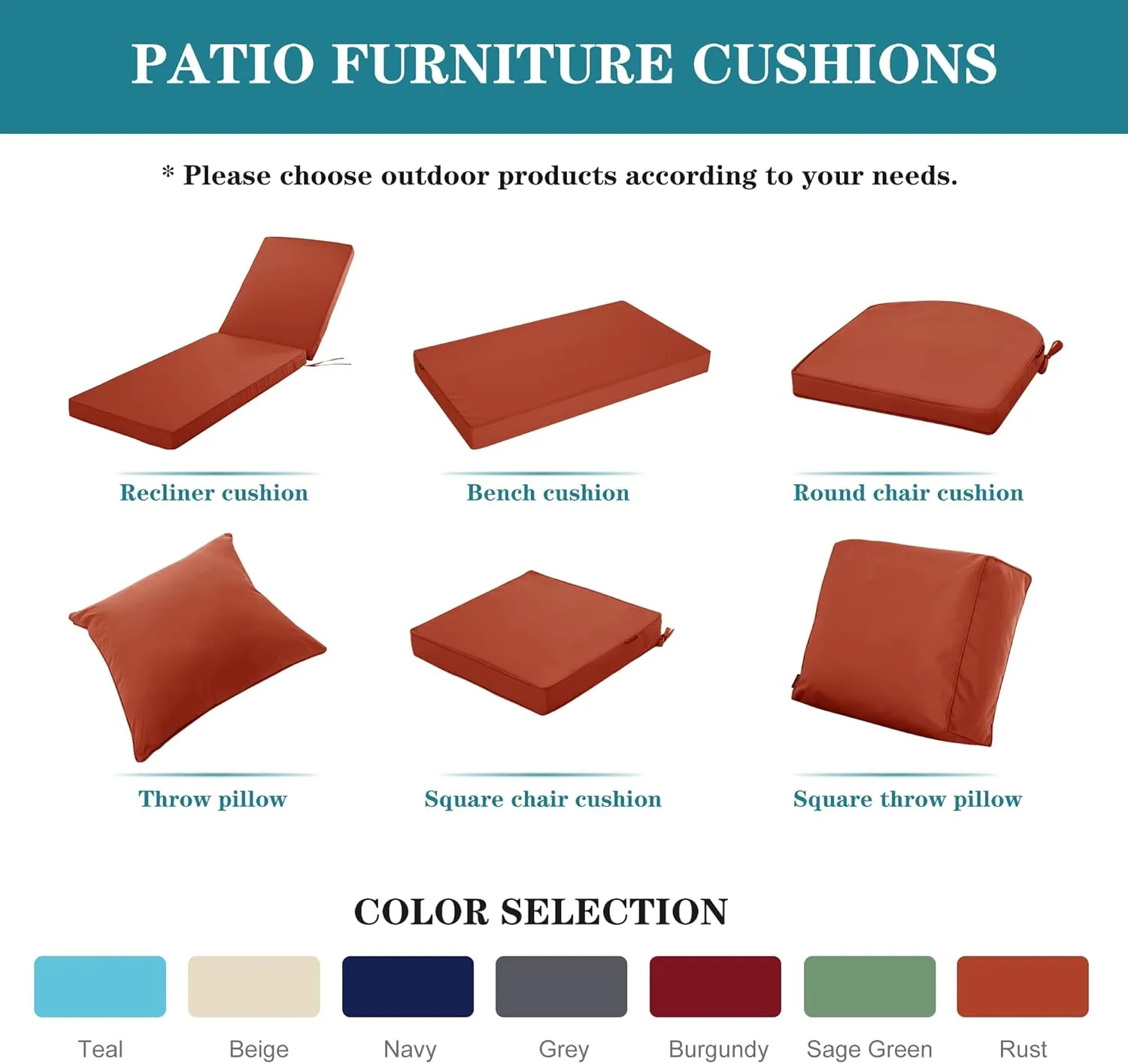 Outdoor Chair Cushions, Waterproof Fade Resistant Deep Seat and Backrest Cushion Set for Patio Furniture, Rust, 22x22 Inch, Set of 4