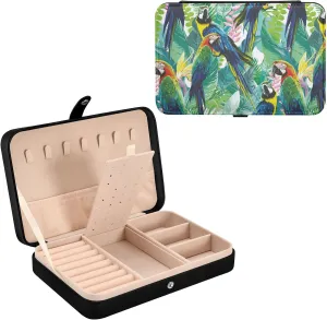 Oyihfvs Seamless Colorful Parrots and Exotic Green Plants with Pink Flowers Leather Jewelry Bag, Jewelry Storage, Portable Jewelry Organizer Boxes for Women Lady Necklace, Earrings, Rings, Bracelet