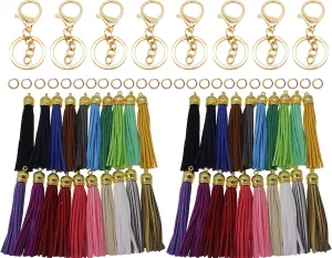 PAMIR TONG 100pcs Faux Suede Leather Bulk Sets Tassels for Decorations, Key Chain, Earring, Cellphone Straps,Jewelry Accessories,DIY Craft (Gold, Keychain)