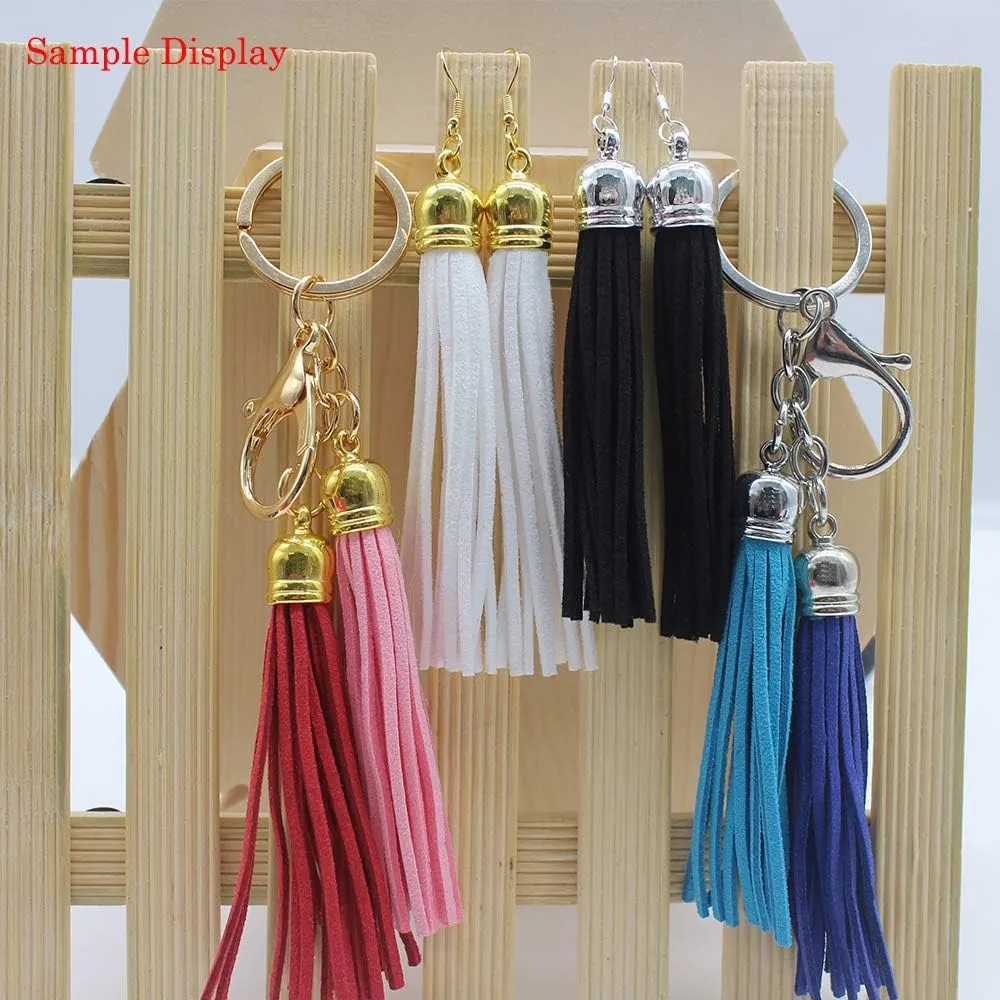 PAMIR TONG 100pcs Faux Suede Leather Bulk Sets Tassels for Decorations, Key Chain, Earring, Cellphone Straps,Jewelry Accessories,DIY Craft (Gold, Keychain)
