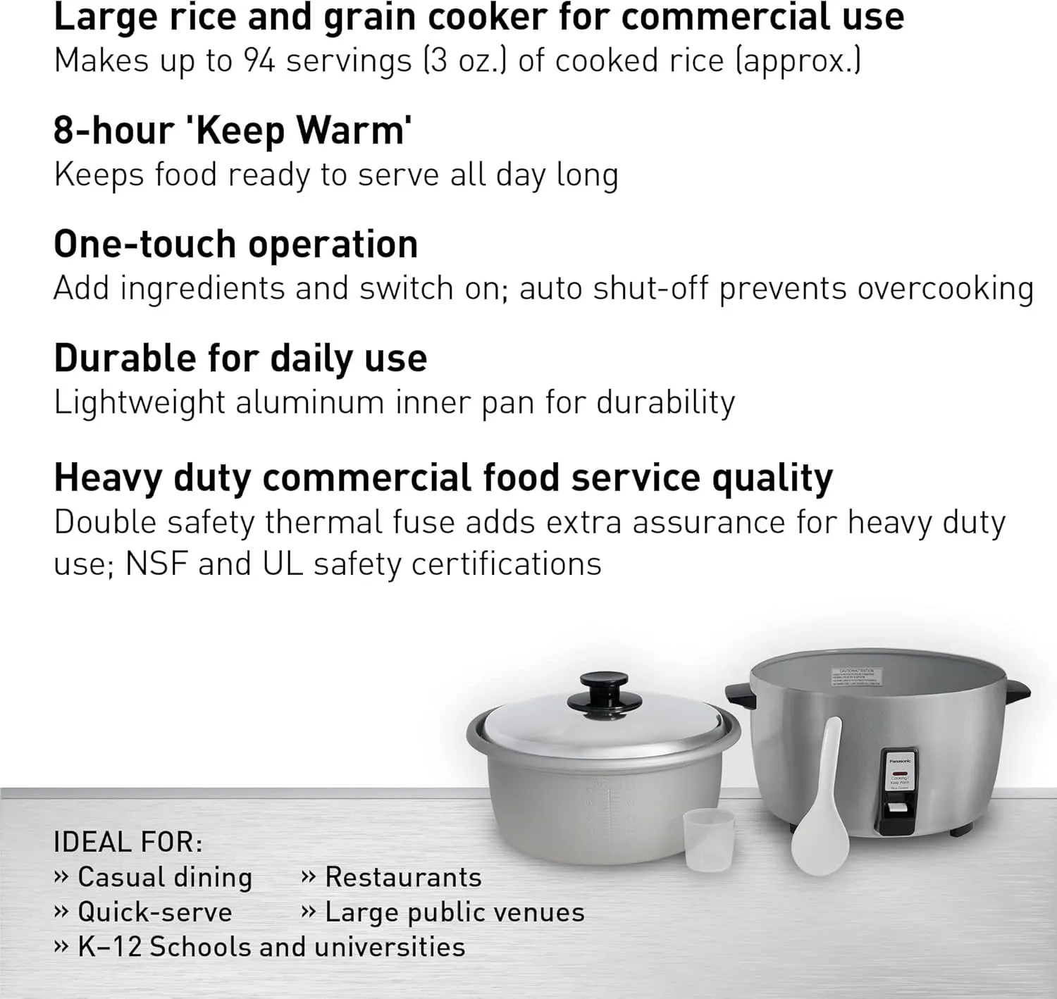 Panasonic Commercial Rice Cooker, Large Capacity 46-Cup (Cooked), 23-Cup (Uncooked) with One-Touch Operation and 8-Hour Keep Warm - SR-42HZP - Silver