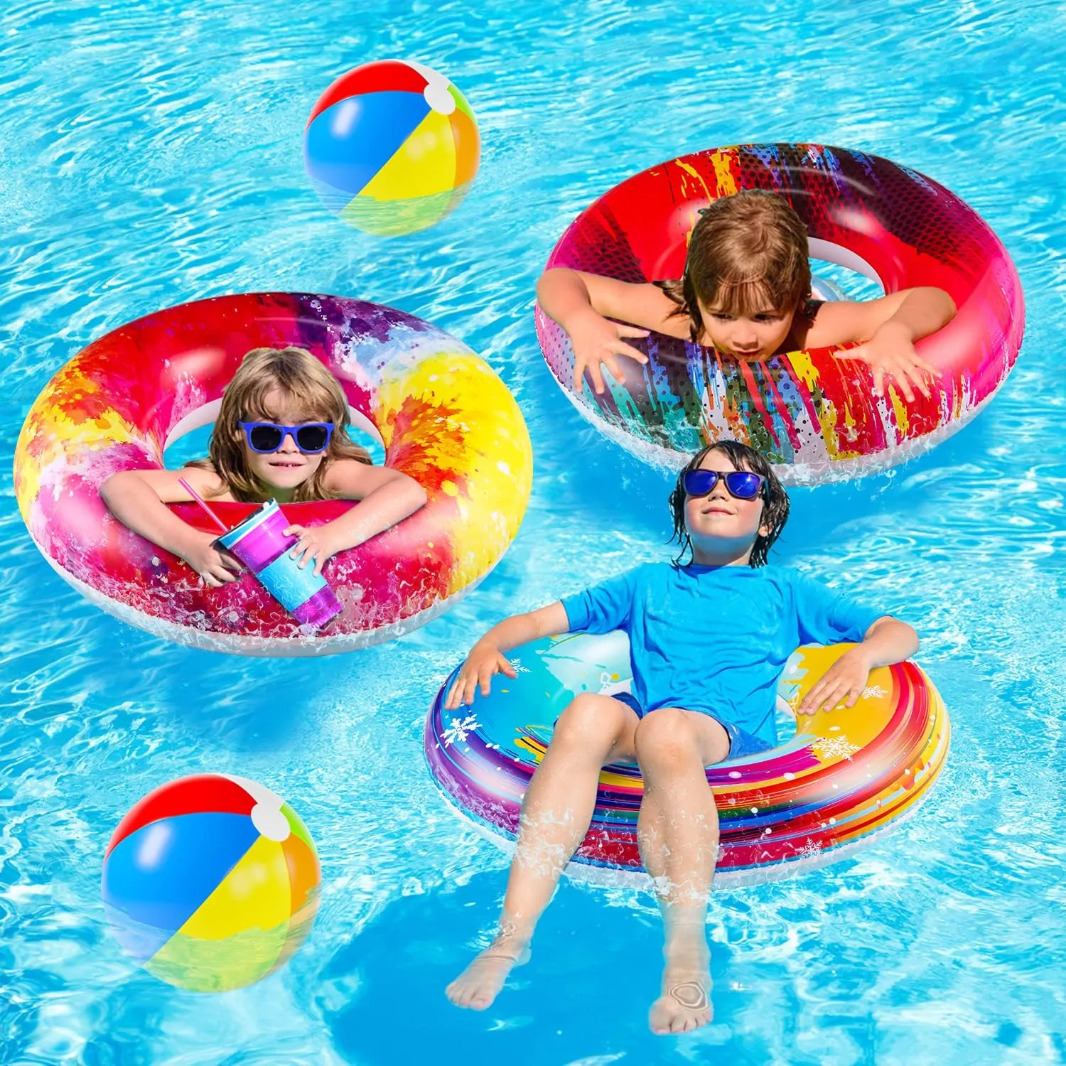 Parentswell 6PCS Big Pool Floats Tubes: Inflatable Pool Floats Swimming Rings with Beach Balls - Brightly Colored Pool Floaties Party Toys, Pool Toys for Kids Adults