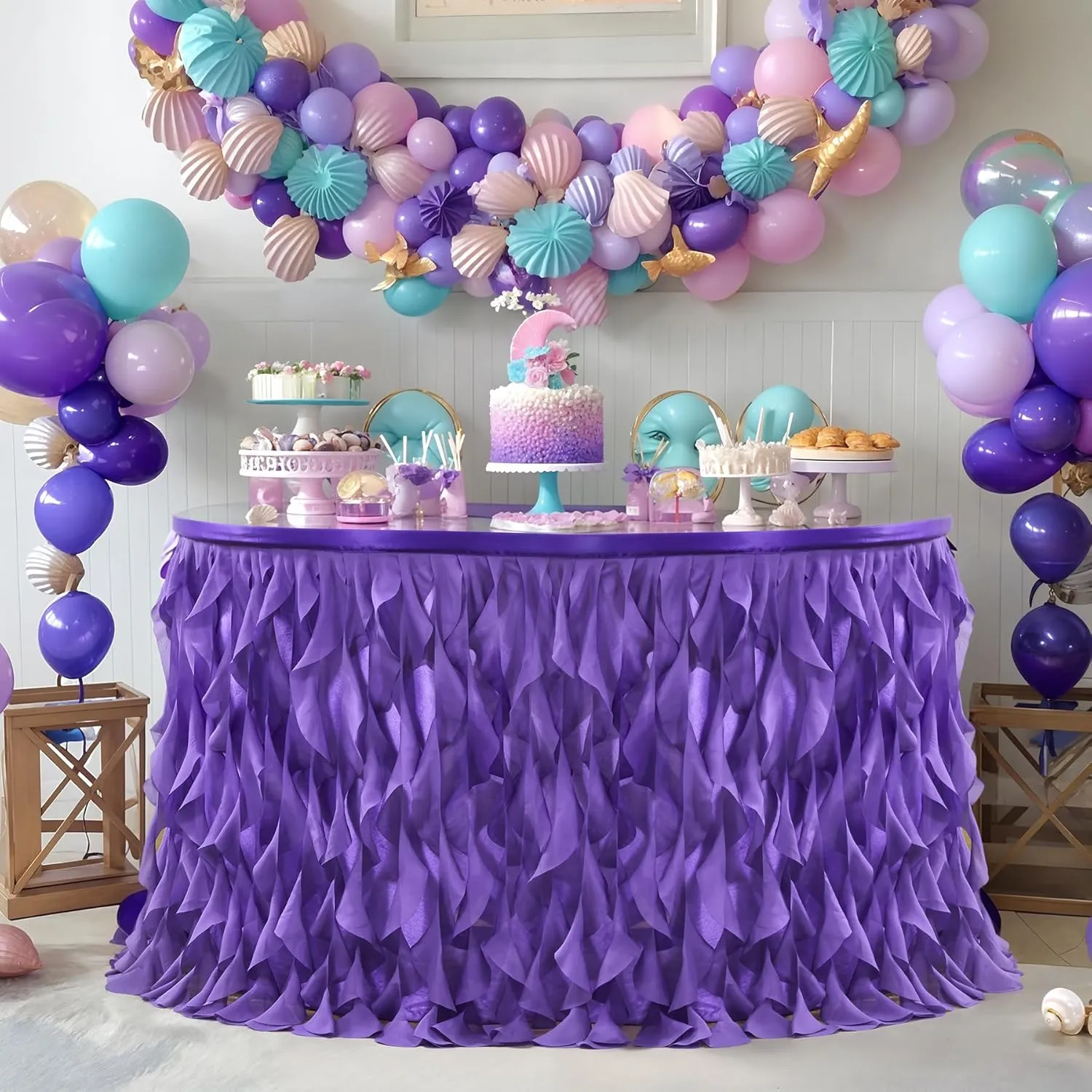 Partisky Mermaid Purple Tulle Curly Willow Table Skirt for Rectangle Table 6ft, Ruffle Tutu Table Cloth for Girls Boys Baby Shower,Mermaid Birthday Party