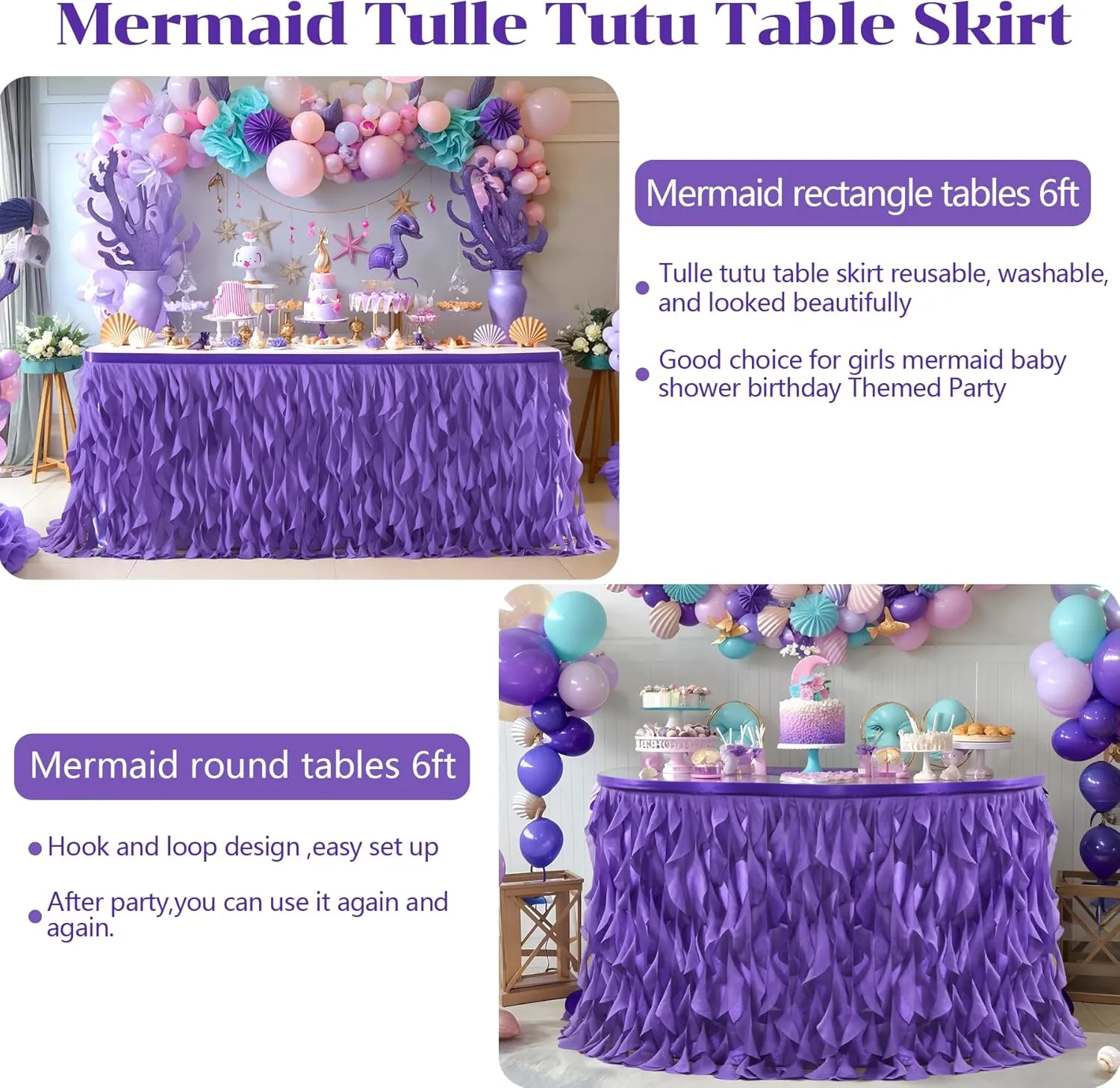 Partisky Mermaid Purple Tulle Curly Willow Table Skirt for Rectangle Table 6ft, Ruffle Tutu Table Cloth for Girls Boys Baby Shower,Mermaid Birthday Party