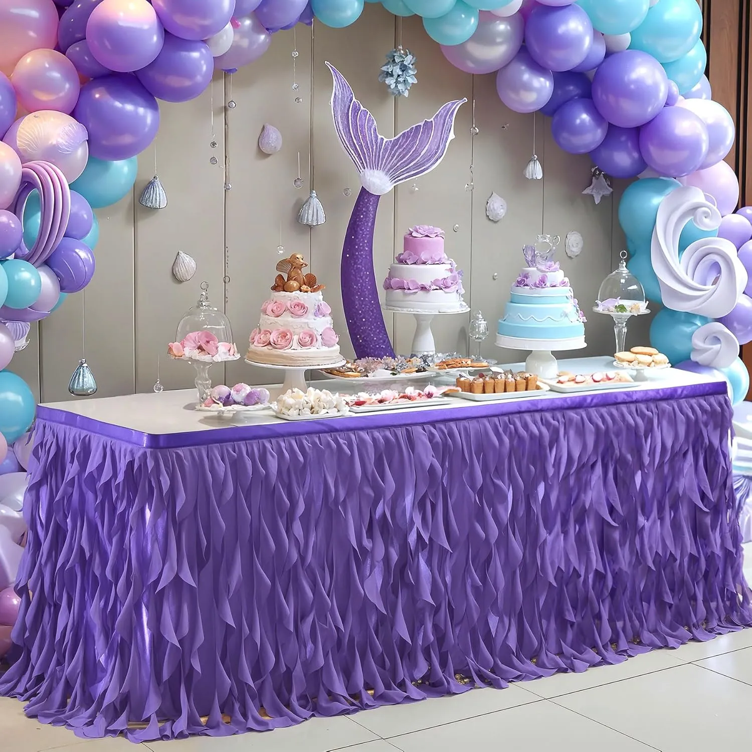 Partisky Mermaid Purple Tulle Curly Willow Table Skirt for Rectangle Table 6ft, Ruffle Tutu Table Cloth for Girls Boys Baby Shower,Mermaid Birthday Party