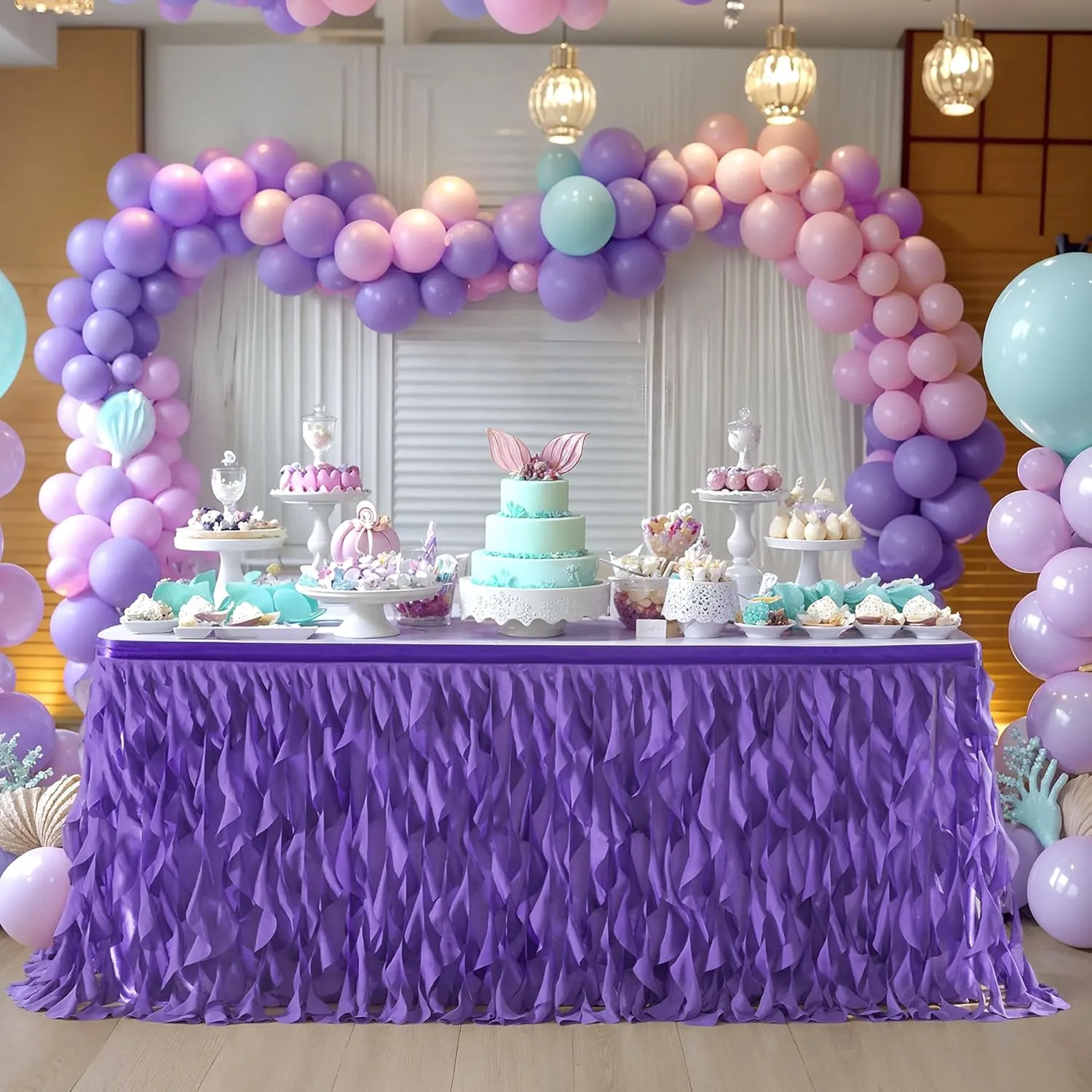 Partisky Mermaid Purple Tulle Curly Willow Table Skirt for Rectangle Table 6ft, Ruffle Tutu Table Cloth for Girls Boys Baby Shower,Mermaid Birthday Party