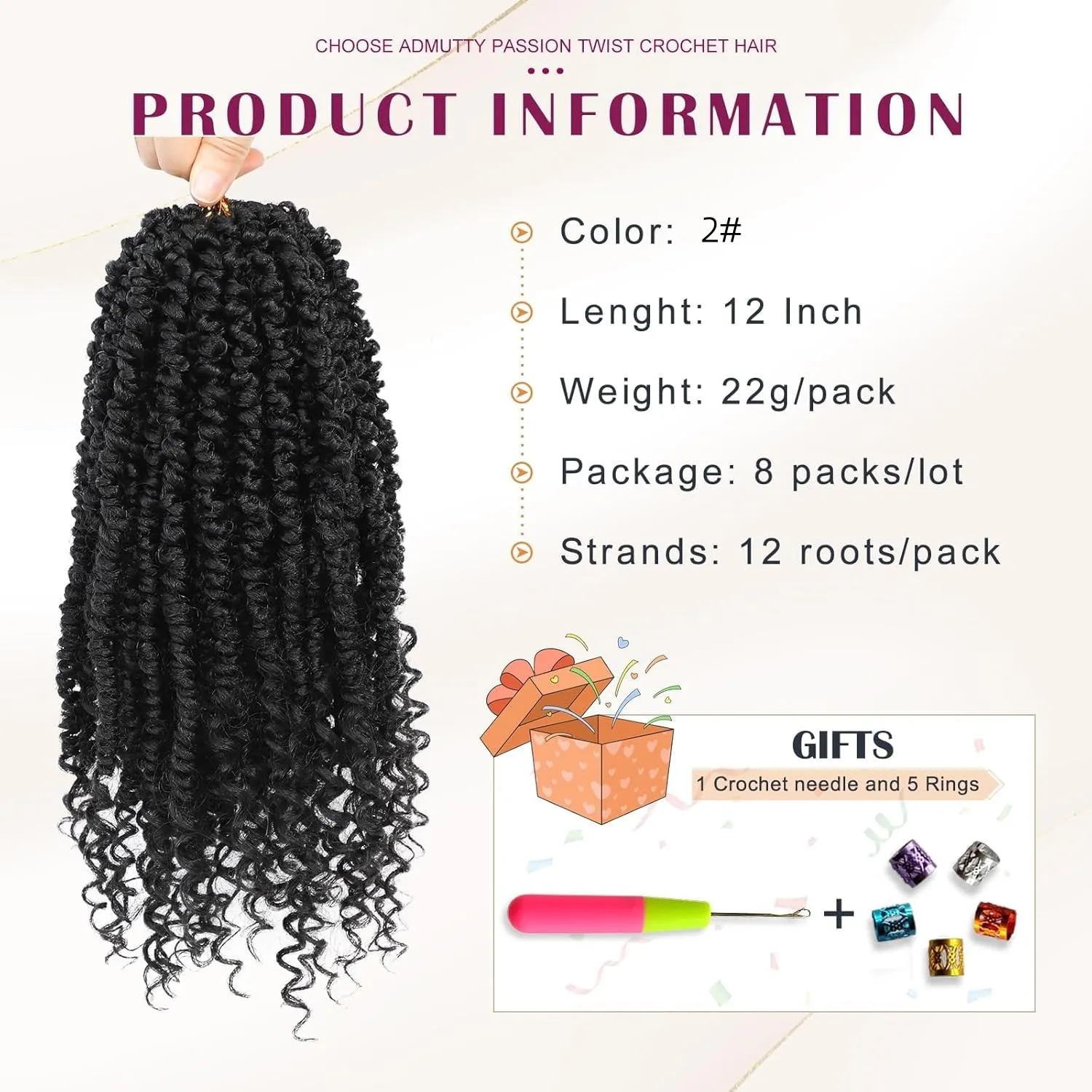 Passion Twist Crochet Hair, Pretwisted Passion Crochet Hair 12 Inch, Passion Twist Crochet Hair 8 Packs Prelooped Passion Twist Hair, Short Pre Looped Crochet Hair for Black Women(2#)