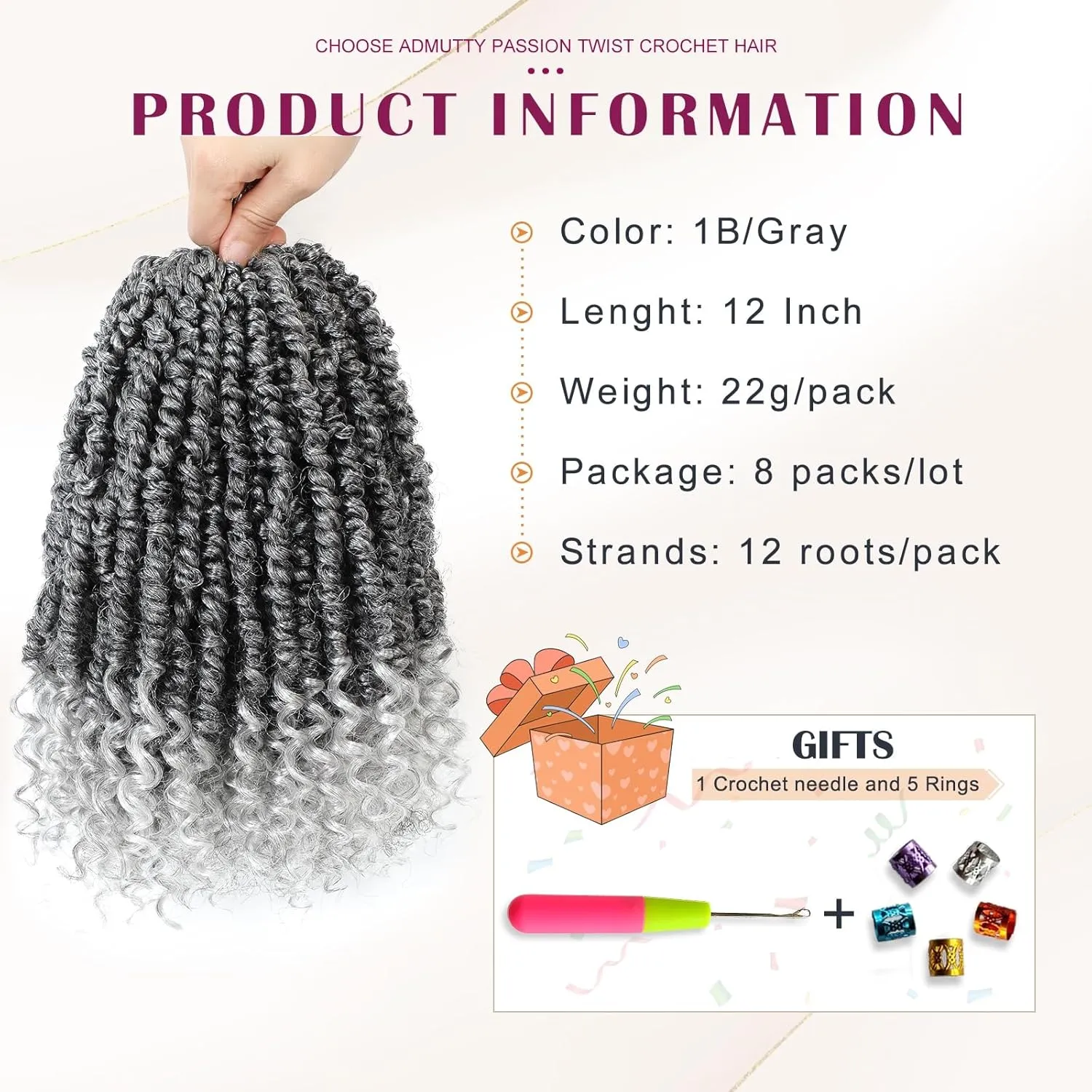 Passion Twist Crochet Hair,Pretwisted Crochet Hair 12 Inch Passion Twist Hair,Passion Twist Crochet Hair 8 Packs Pretwisted Passion Twist Hair,Short Pre Looped Crochet Hair for Black Women(1B/gray)