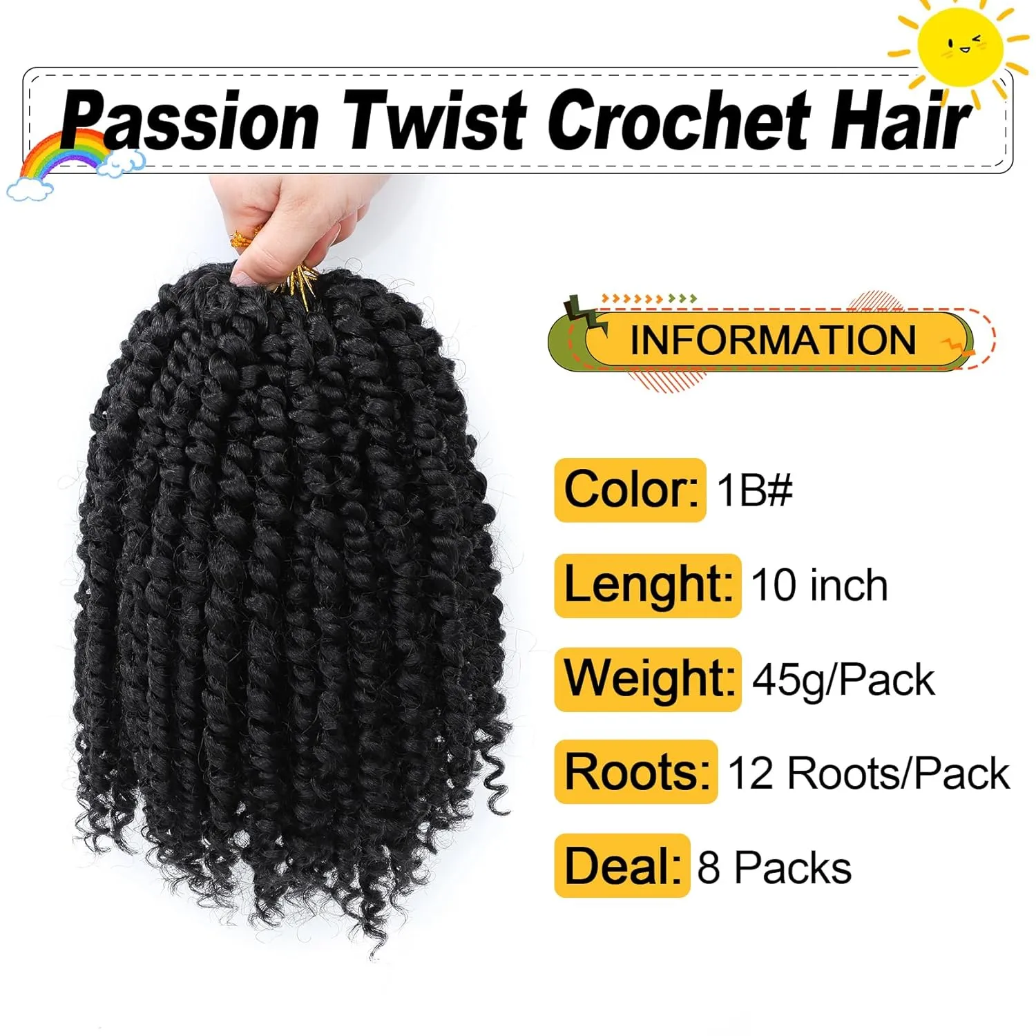 Passion Twist Hair 10 Inch 8 Packs, Pre Twisted Passion Twist Crochet Hair For Black Women, Pre Looped Passion Twist Curly Crochet Hair, Short Crochet Passion Twist Hair (10 Inch (Pack of 8), 1B#)