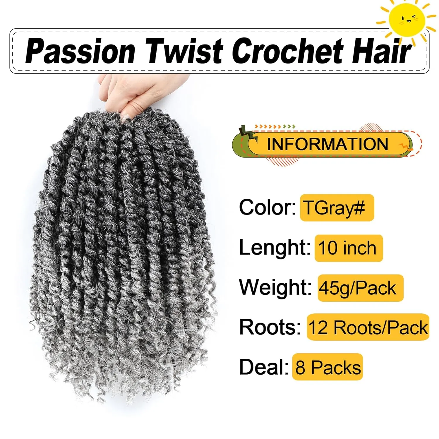 Passion Twist Hair 10 Inch 8 Packs, Pre Twisted Passion Twist Crochet Hair For Black Women, Pre Looped Passion Twist Curly Crochet Hair, Short Crochet Passion Twist Hair (10 Inch (Pack of 8), Gray#)