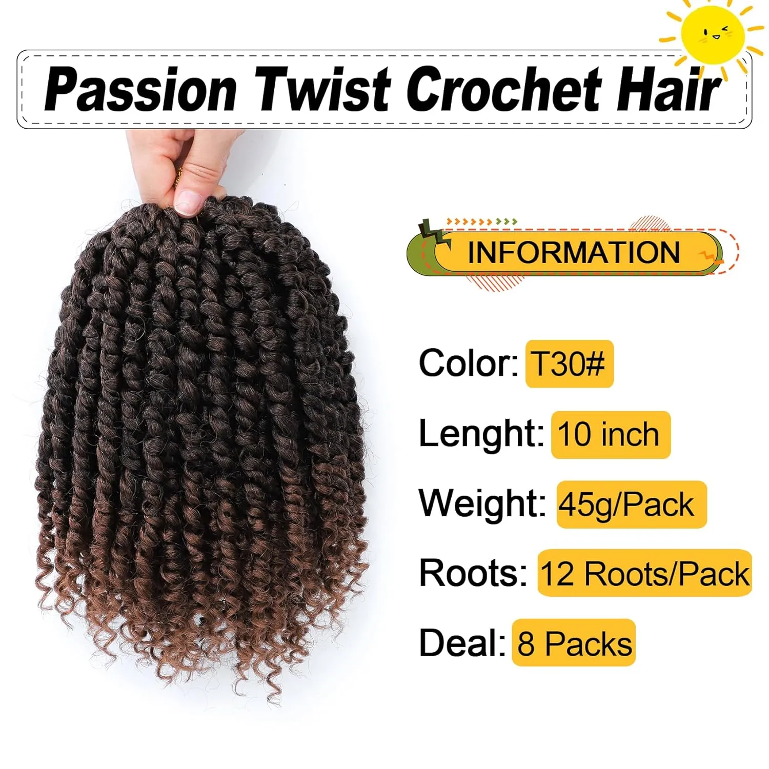 Passion Twist Hair 10 Inch 8 Packs, Pre Twisted Passion Twist Crochet Hair For Black Women, Pre Looped Passion Twist Curly Crochet Hair, Short Crochet Passion Twist Hair (10 Inch (Pack of 8), T30#)