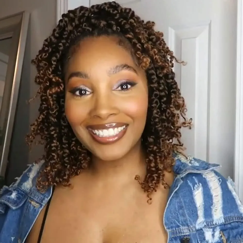 Passion Twist Hair 10 Inch Pre-twisted Passion Twist Crochet Hair for Women Kids Pre-looped Crochet Braids Bohemian Short Curly Crochet Hair Synthetic Hair Extensions 8 packs 1B/30