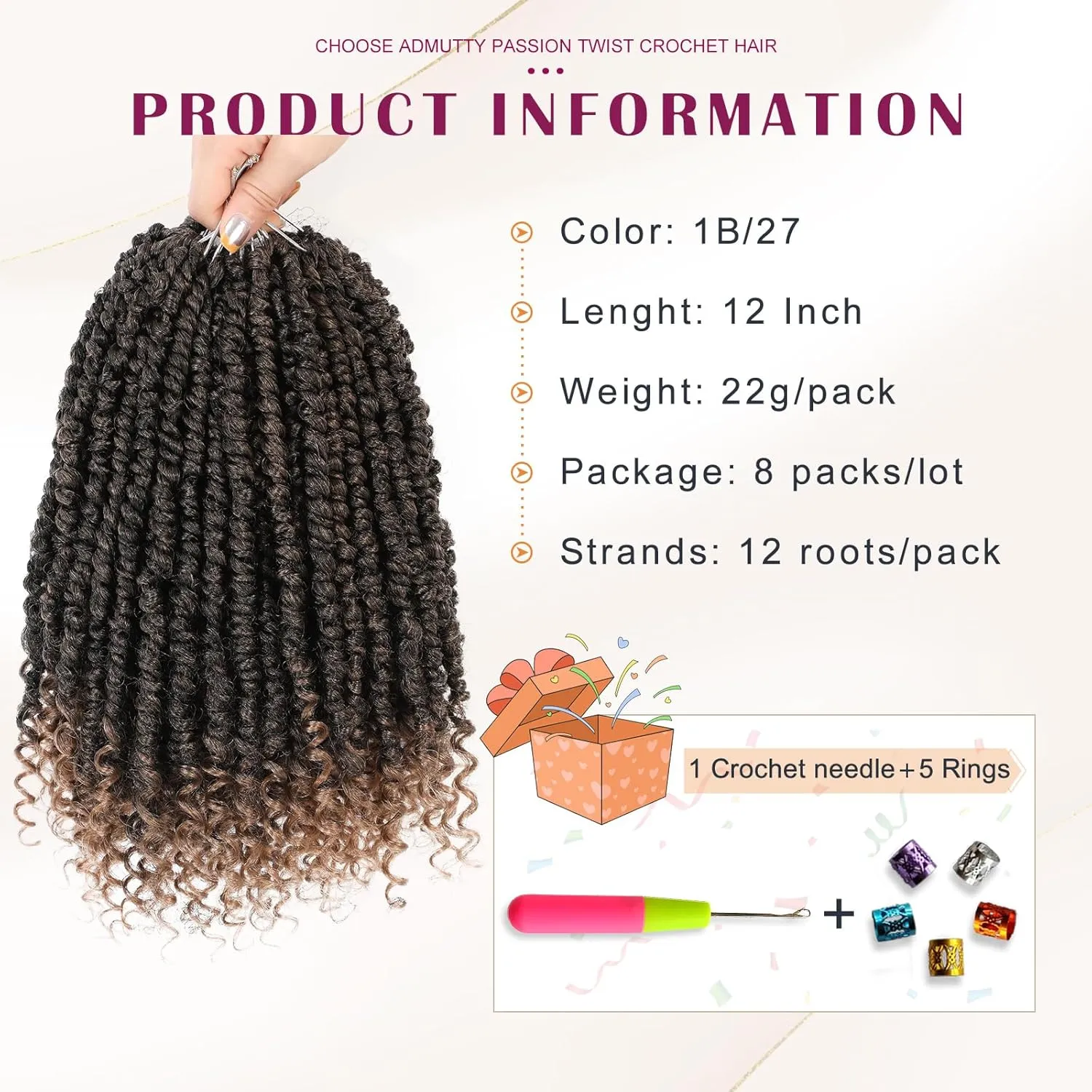 Passion Twist Hair 12 Inch,Passion Twist Crochet Hair,Pretwisted Passion Twist Hair 8 Packs,Short Passion Twist Crochet Braids,Pre Looped Crochet Hair for Black Women(1B/27)