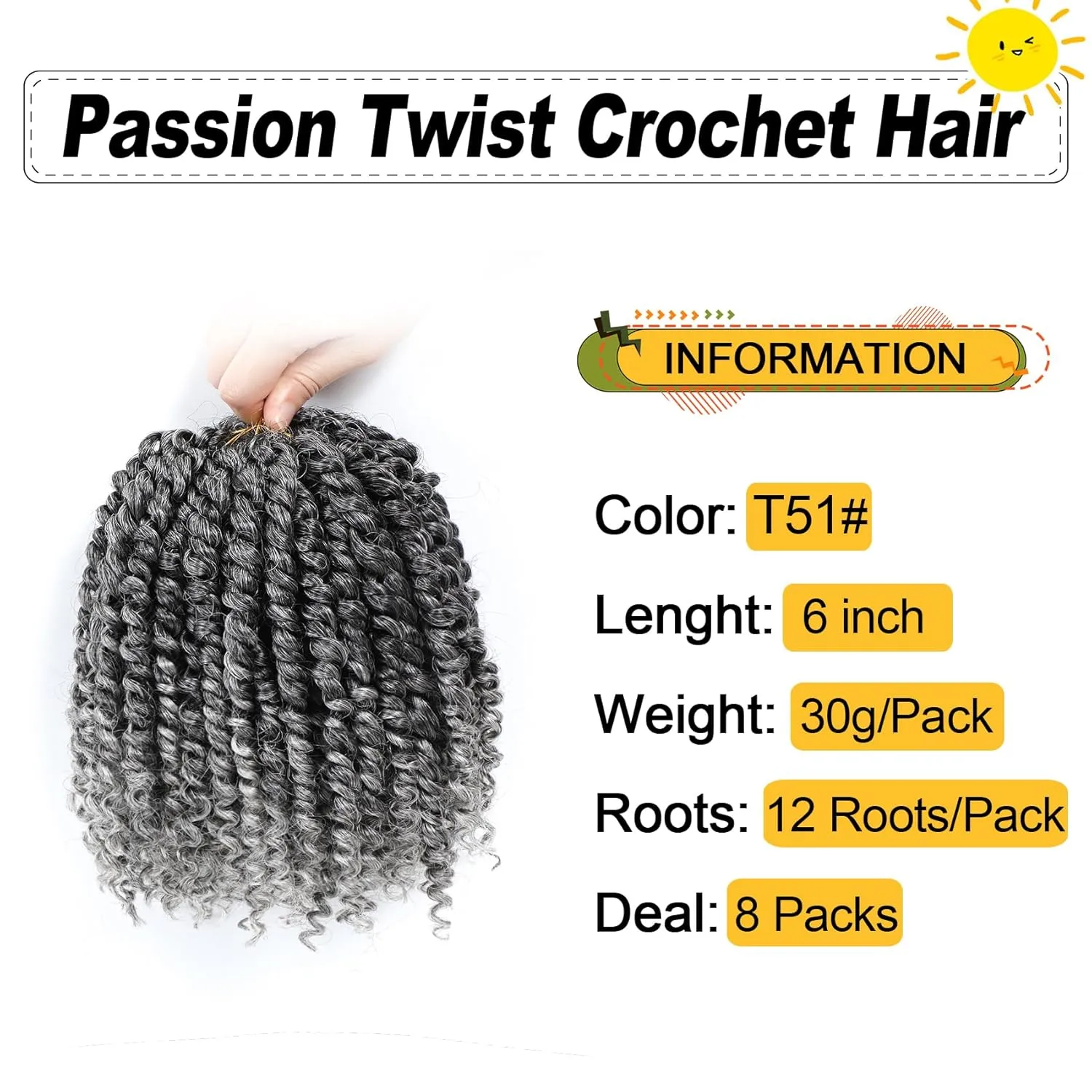Passion Twist Hair 6 Inch 8 Packs Pre-Twisted Pre-Looped Crochet Hair for Black Women, Short Curly Passion Twist (6 Inch, Pack of 8, Gray#)