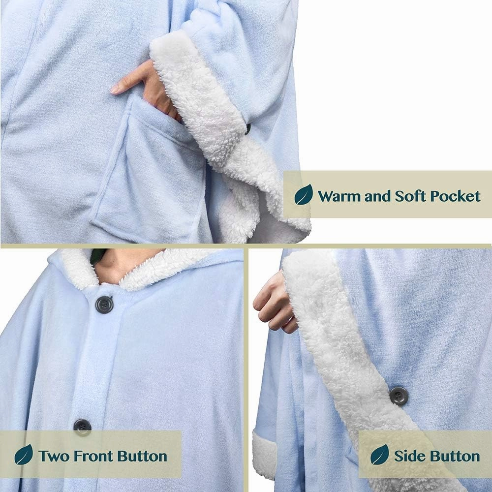 PAVILIA Wearable Blanket for Adult Women, Cozy Plush Fleece Blanket Poncho Cape with Hood, Super Soft Shawl, Angel Wrap Throw for Office, Light Blue
