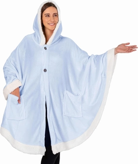PAVILIA Wearable Blanket for Adult Women, Cozy Plush Fleece Blanket Poncho Cape with Hood, Super Soft Shawl, Angel Wrap Throw for Office, Light Blue