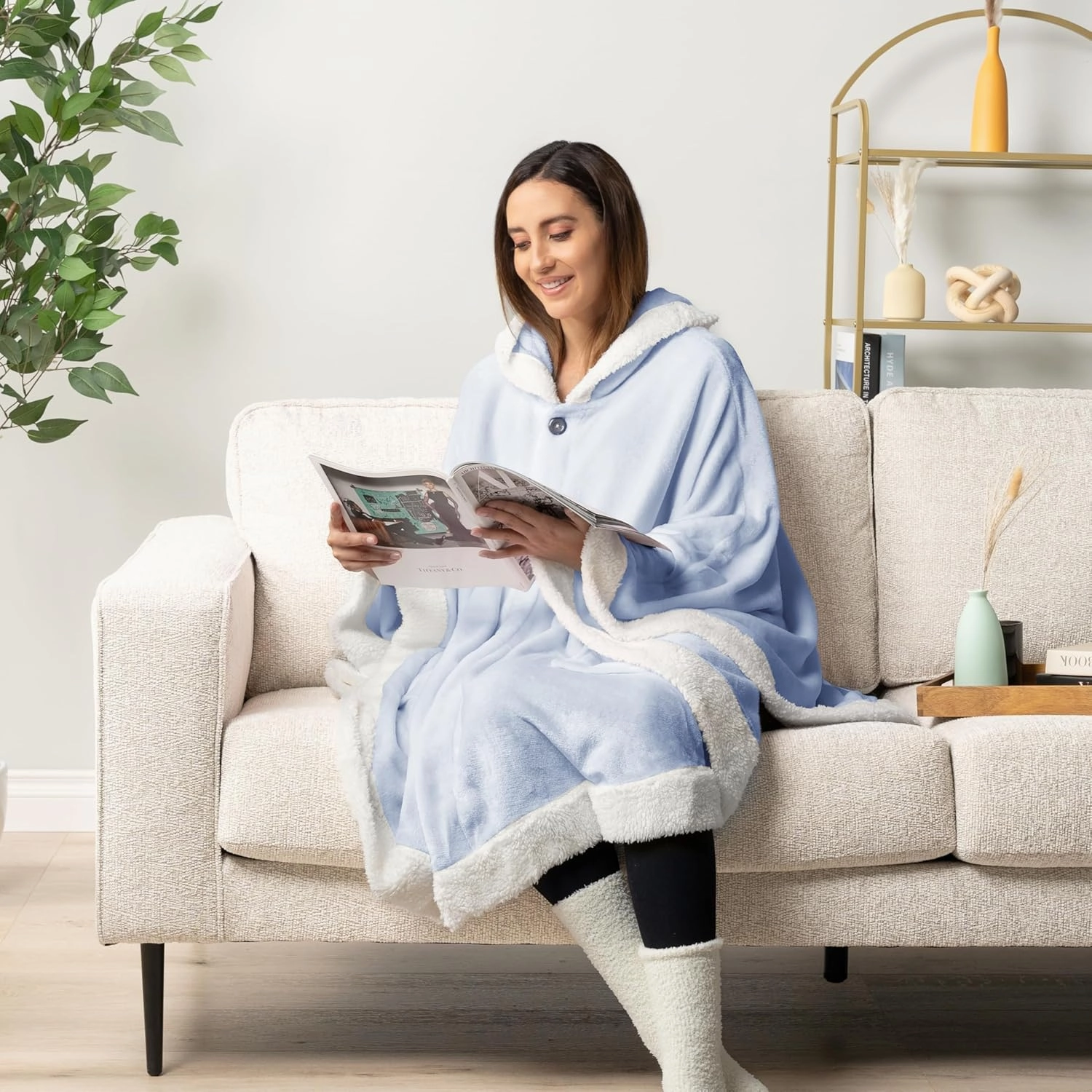 PAVILIA Wearable Blanket for Adult Women, Cozy Plush Fleece Blanket Poncho Cape with Hood, Super Soft Shawl, Angel Wrap Throw for Office, Light Blue
