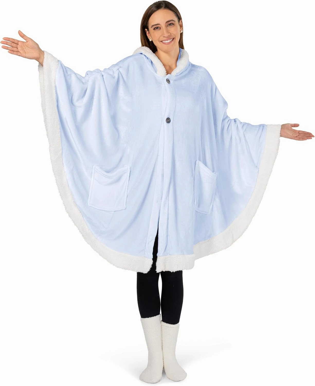 PAVILIA Wearable Blanket for Adult Women, Cozy Plush Fleece Blanket Poncho Cape with Hood, Super Soft Shawl, Angel Wrap Throw for Office, Light Blue