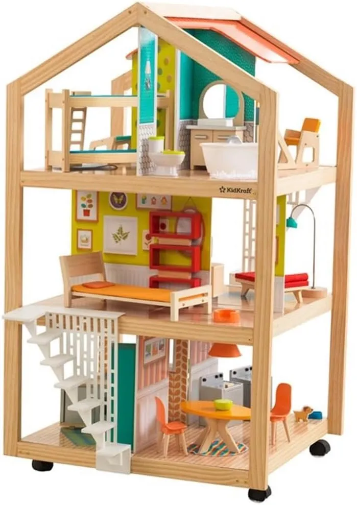 Pemberly Row 42 Piece So Stylish Mansion Wood Dollhouse in White and Natural