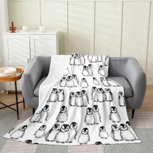 Penguin Blanket Throw 50x60 For Kids Boys Girls Antarctic Animal Throw Blanket Cartoon Style Penguin Illustration Fleece Blanket For Children Teens Adult Grey White And Black Flannel Blanket