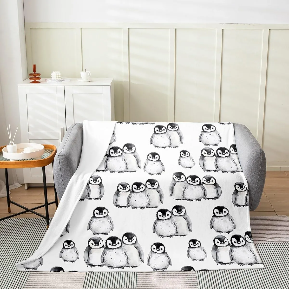 Penguin Blanket Throw 50x60 For Kids Boys Girls Antarctic Animal Throw Blanket Cartoon Style Penguin Illustration Fleece Blanket For Children Teens Adult Grey White And Black Flannel Blanket