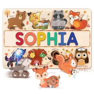 Personalized Forest Animal Name Puzzle – Montessori Wooden Sensory Toy for Toddlers | Custom Puzzle with Fine Motor Activities & Woodland Animals NP57