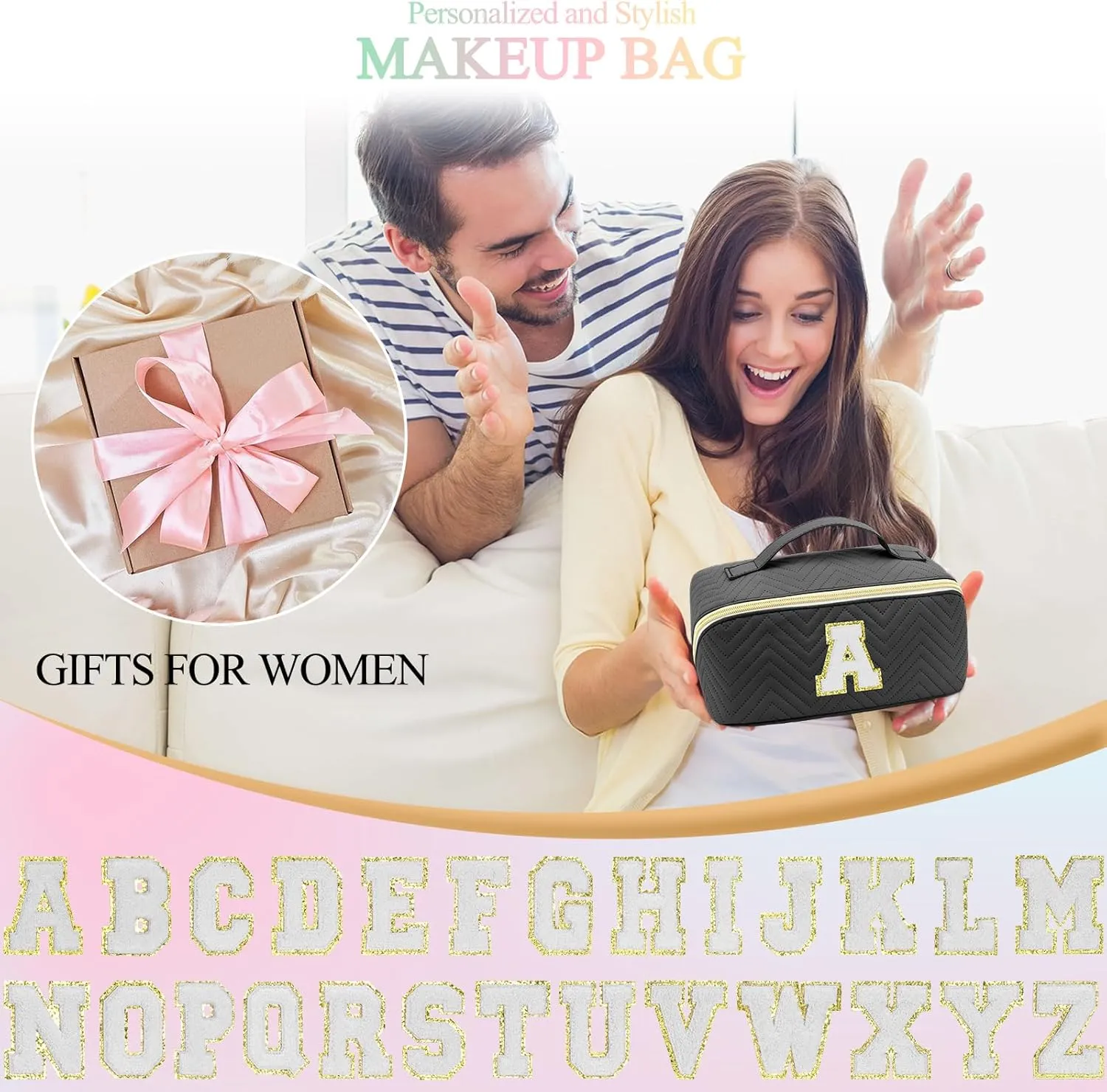 Personalized Initial Black Makeup Bag | Trendy Large Capacity Cosmetic Bags, Travel Toiletry Bag Teen Girls Women Girlfriend Teacher Gifts, Leather Waterproof Portable Make up Bags Organizer - A