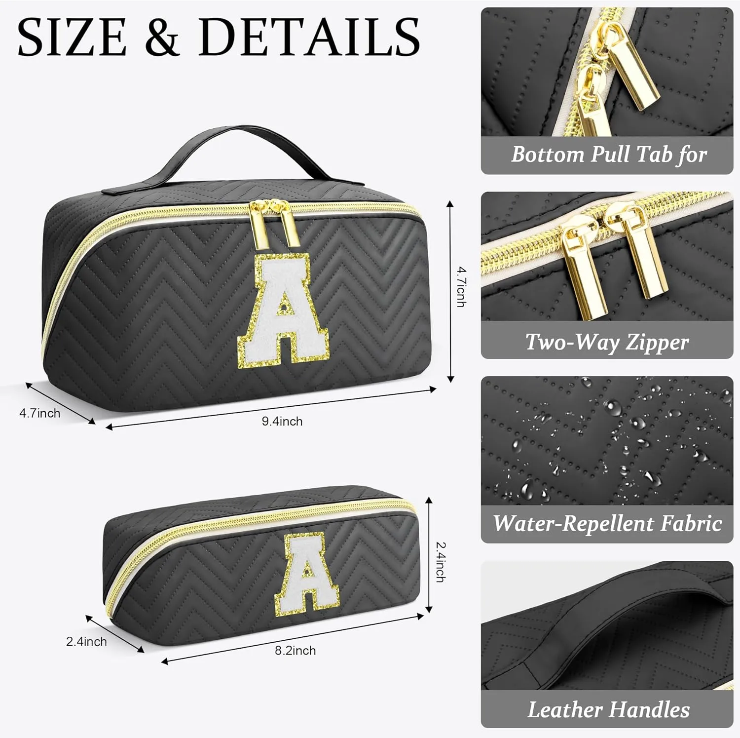 Personalized Initial Black Makeup Bag | Trendy Large Capacity Cosmetic Bags, Travel Toiletry Bag Teen Girls Women Girlfriend Teacher Gifts, Leather Waterproof Portable Make up Bags Organizer - A