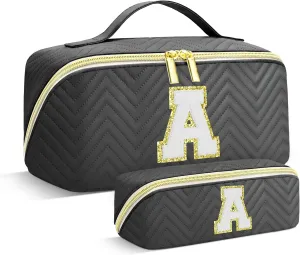 Personalized Initial Black Makeup Bag | Trendy Large Capacity Cosmetic Bags, Travel Toiletry Bag Teen Girls Women Girlfriend Teacher Gifts, Leather Waterproof Portable Make up Bags Organizer - A
