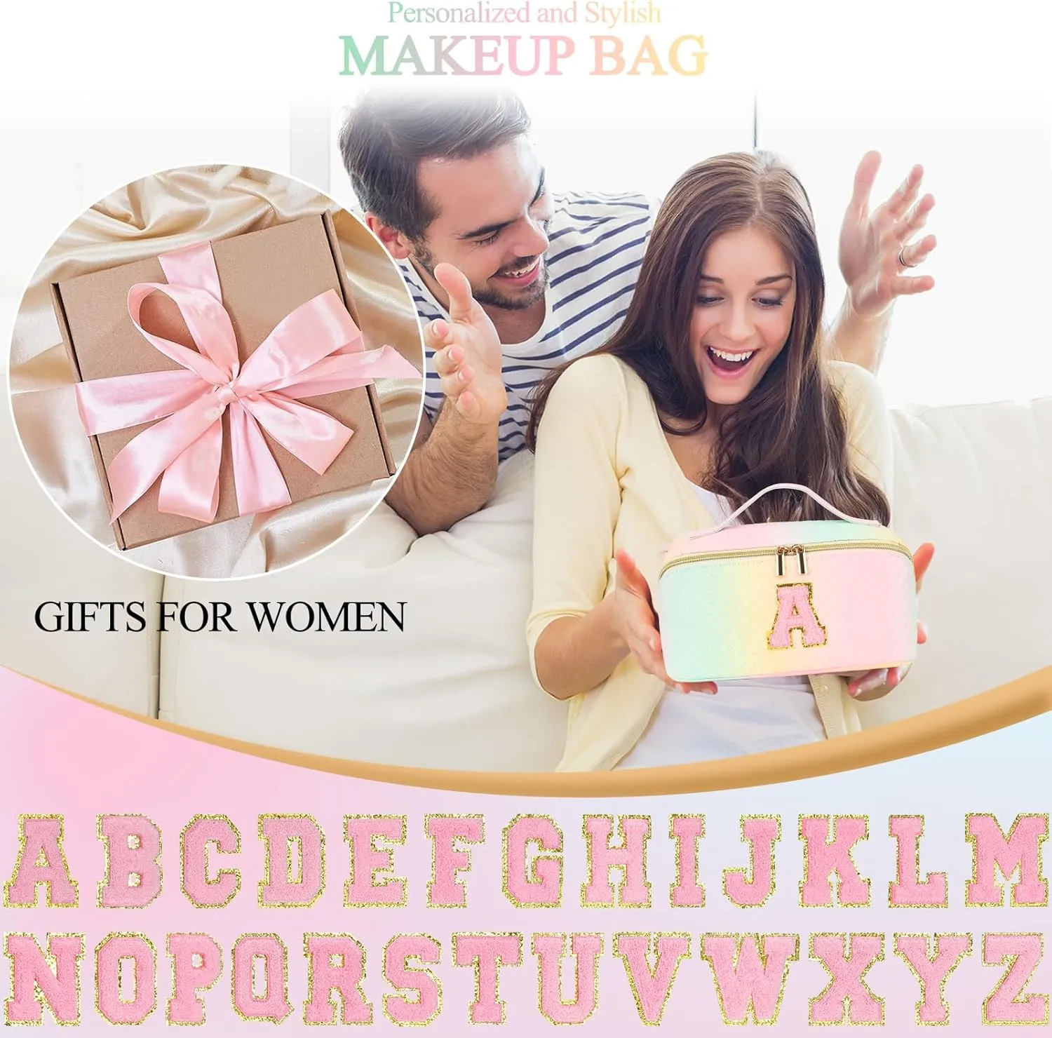 Personalized Initial Black Makeup Bag | Trendy Large Capacity Cosmetic Bags, Travel Toiletry Bag Teen Girls Women Girlfriend Teacher Gifts, Leather Waterproof Portable Make up Bags Organizer - A