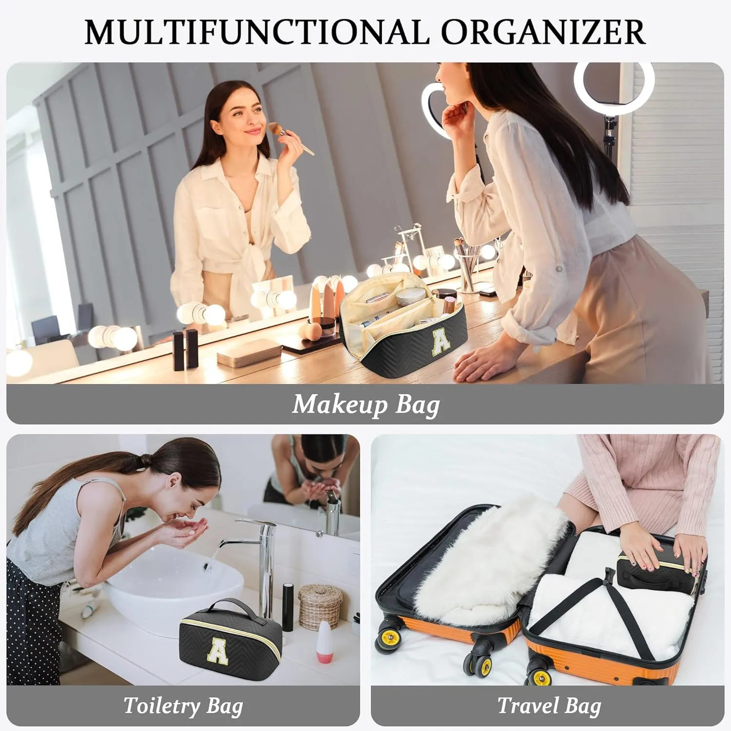 Personalized Initial Black Makeup Bag | Trendy Large Capacity Cosmetic Bags, Travel Toiletry Bag Teen Girls Women Girlfriend Teacher Gifts, Leather Waterproof Portable Make up Bags Organizer - A