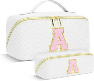 Personalized Initial Makeup Bag | Trendy Cosmetic Bags Travel Toiletry Bag for Teen Girls Women Girlfriend, mother's day/graduation/Birthday day Gifts Portable Make up Bag Leather Waterproof Organizer