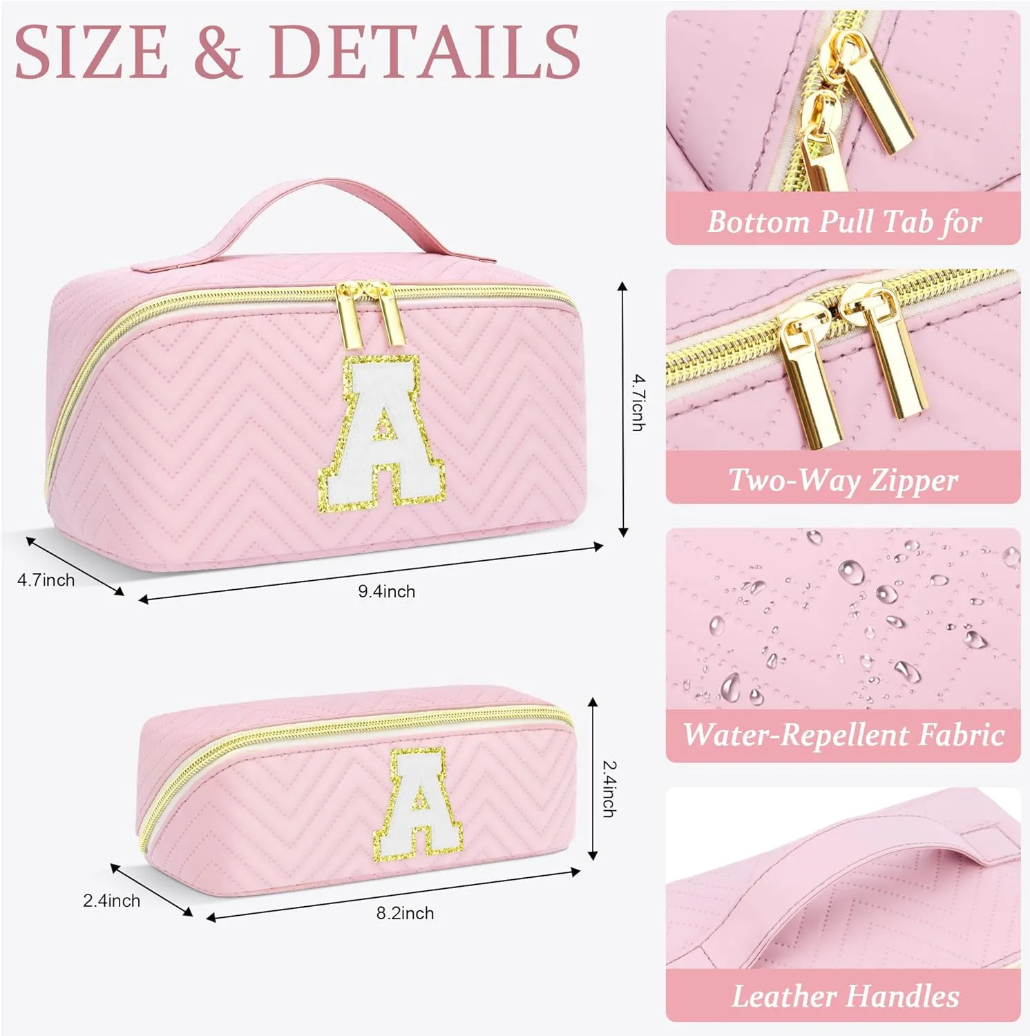 Personalized Initial pink Makeup Bag | Trendy Girls Make up bags, Large Capacity Cosmetic Bags Organizer for Women, Portable Leather Waterproof Open Flat Toiletry Bag for Teen friends teacher Gifts J