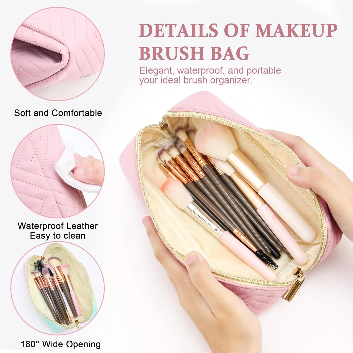 Personalized Initial pink Makeup Bag | Trendy Girls Make up bags, Large Capacity Cosmetic Bags Organizer for Women, Portable Leather Waterproof Open Flat Toiletry Bag for Teen friends teacher Gifts J