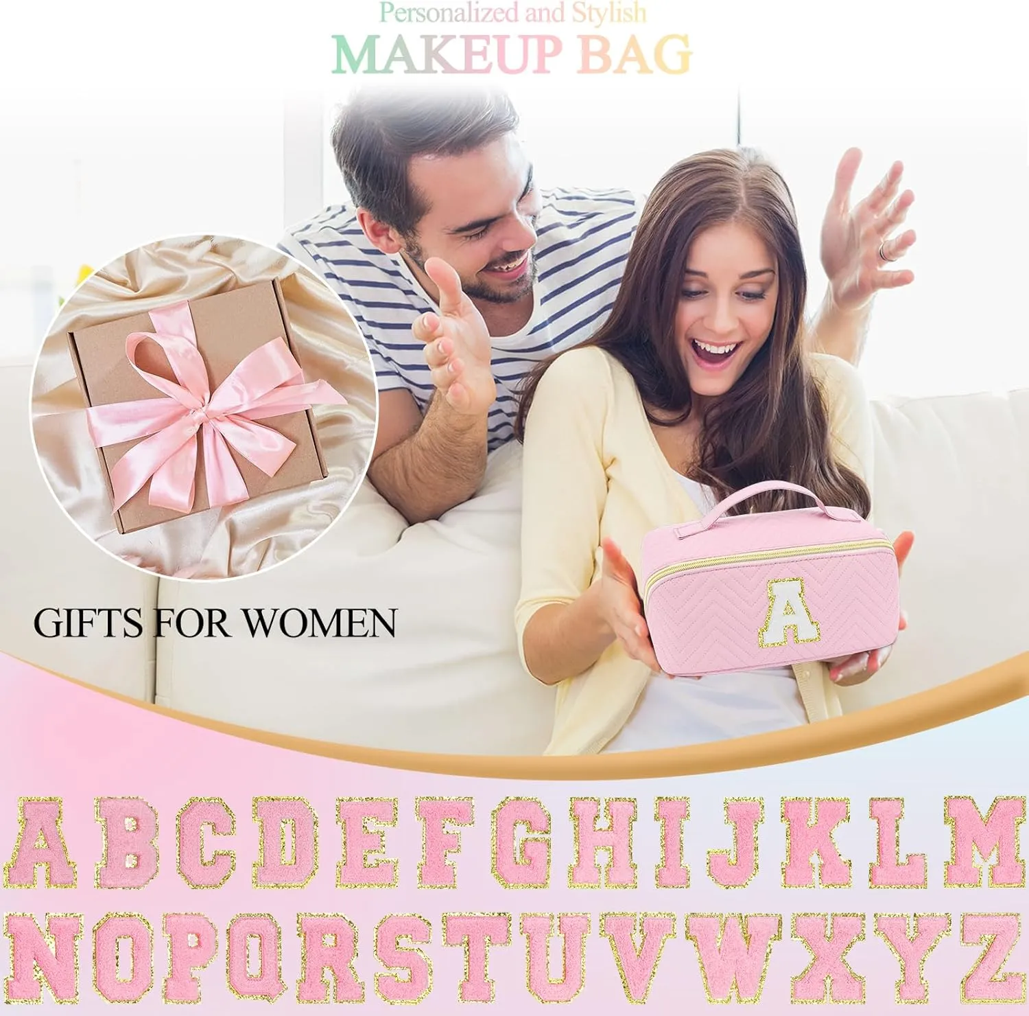 Personalized Initial pink Makeup Bag | Trendy Girls Make up bags, Large Capacity Cosmetic Bags Organizer for Women, Portable Leather Waterproof Open Flat Toiletry Bag for Teen friends teacher Gifts J