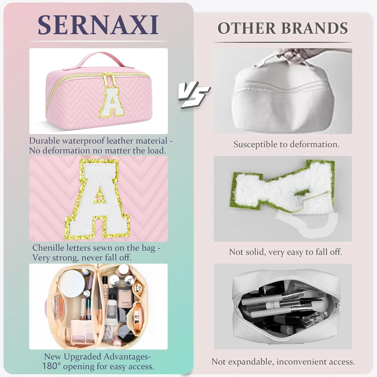 Personalized Initial pink Makeup Bag | Trendy Girls Make up bags, Large Capacity Cosmetic Bags Organizer for Women, Portable Leather Waterproof Open Flat Toiletry Bag for Teen friends teacher Gifts J
