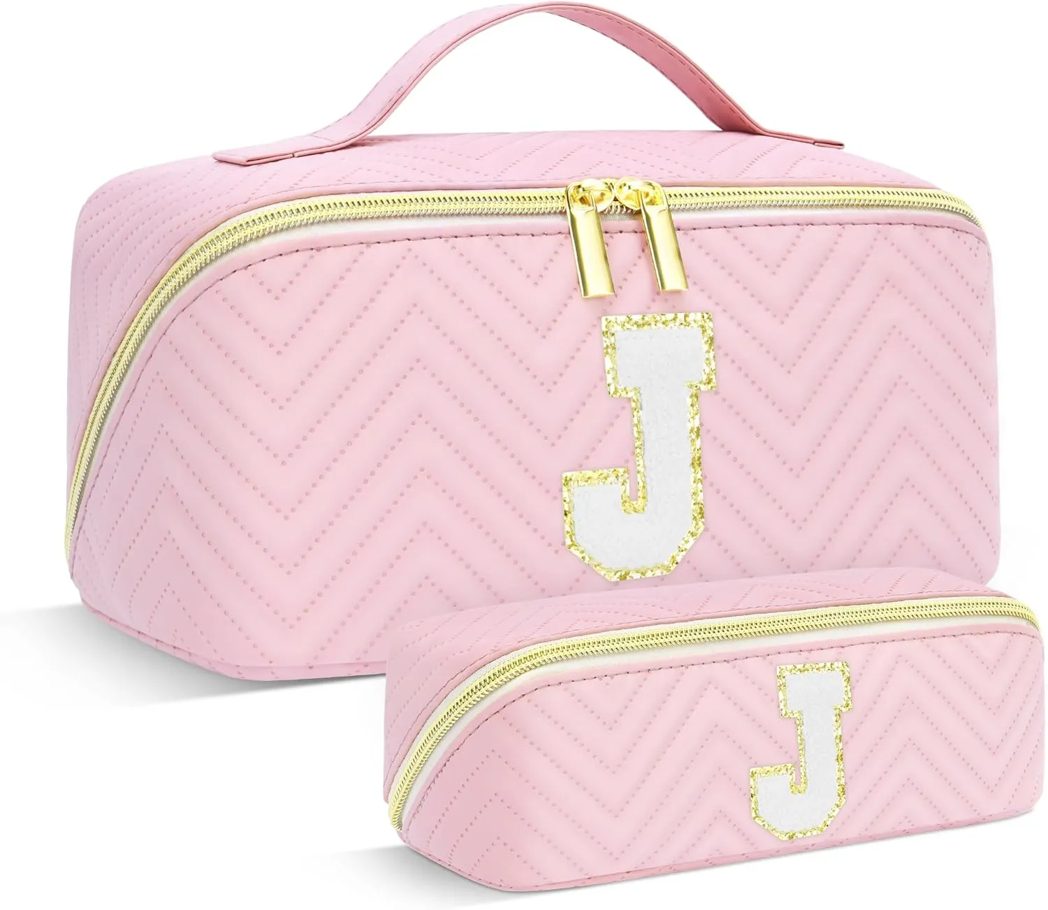 Personalized Initial pink Makeup Bag | Trendy Girls Make up bags, Large Capacity Cosmetic Bags Organizer for Women, Portable Leather Waterproof Open Flat Toiletry Bag for Teen friends teacher Gifts J