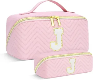 Personalized Initial pink Makeup Bag | Trendy Girls Make up bags, Large Capacity Cosmetic Bags Organizer for Women, Portable Leather Waterproof Open Flat Toiletry Bag for Teen friends teacher Gifts J